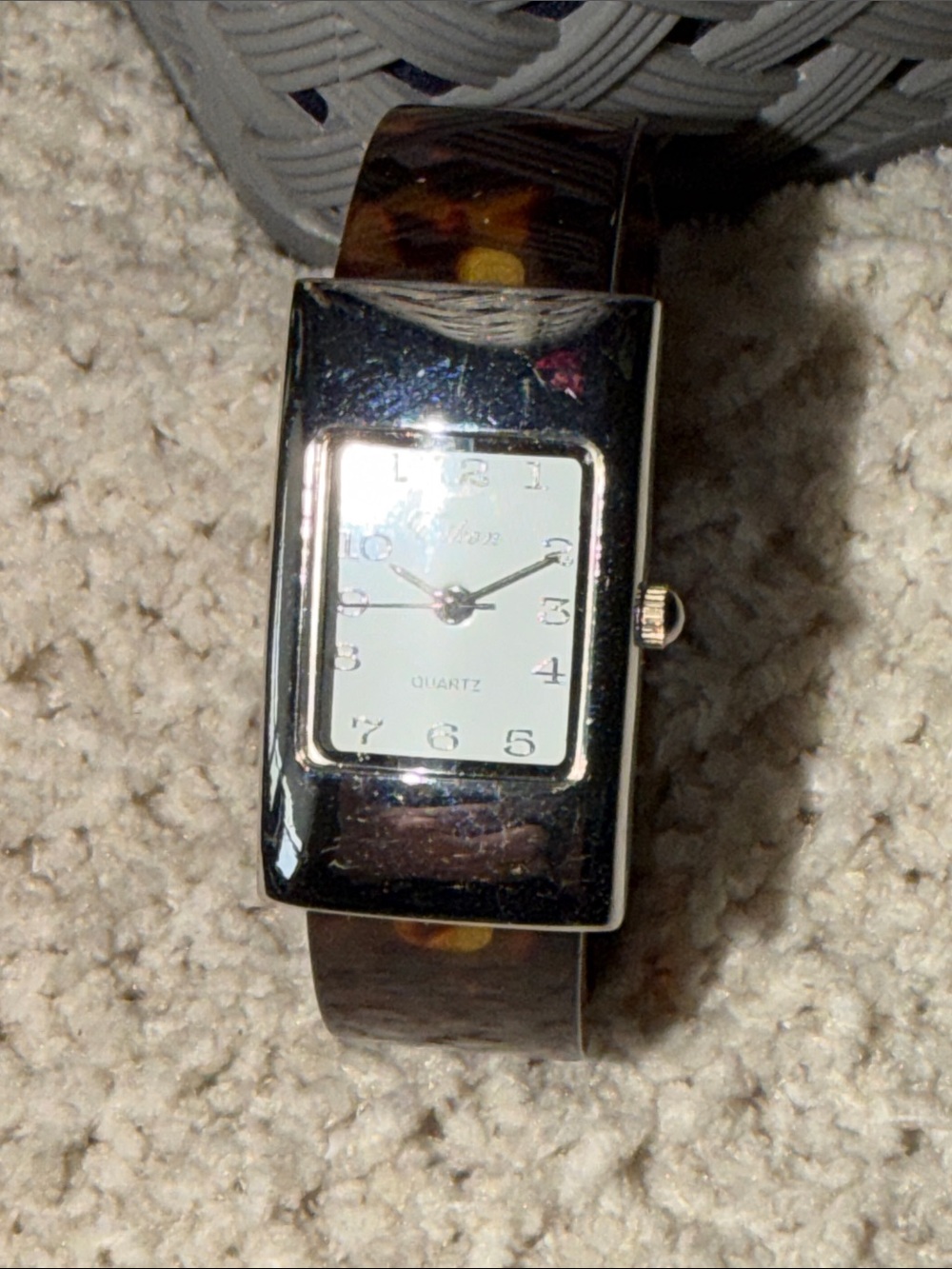Silver-Tone Rectangle Quartz Watch with Brown tortoise hinged Band